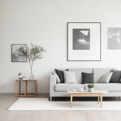 Gray Sofa in Room with White Wall - Interior Design with Picture Frames Mockup