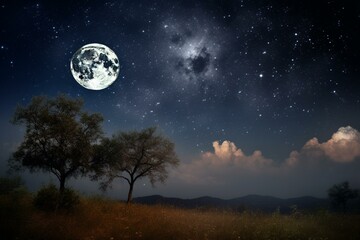 Naklejka na ściany i meble Night sky with full moon, stars in foreground and background. Generative AI