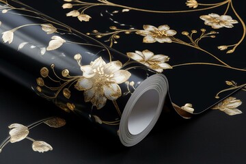 Gold crystal flowers on black marble wallpaper. Generative AI