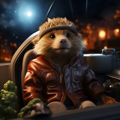 Cute hamster in cyberpunk style on the background of a futuristic city