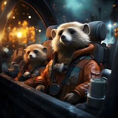 Cute hamster in cyberpunk style on the background of a futuristic city