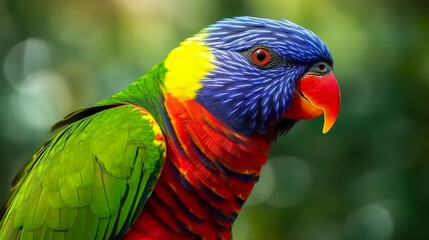 Side view Closeup of beautiful and colorful Lorikeet Green naped bird.