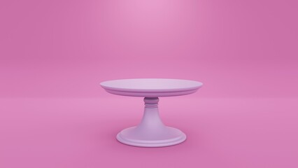 3D cake stand on pink background. Empty platter tray on table. Birthday party dish. Plate tray podium render