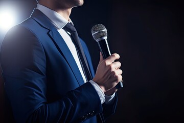 Empowering voices. Art of public speaking. Man with microphone in action. Capturing impactful speech. Business talk. Presenting. Journalist perspective