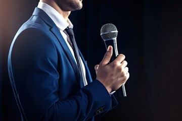 Empowering voices. Art of public speaking. Man with microphone in action. Capturing impactful speech. Business talk. Presenting. Journalist perspective