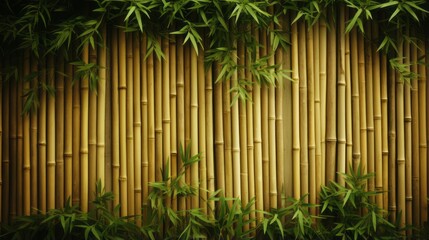 Bamboo sticks decor. Concept of traditional Japanese or Chinese art craft, tropical background or wallpaper. Earthy tones and green leaves frame