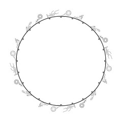 Abstract Black Simple Line Round Circle With Leaf Leaves Frame Flowers Doodle Outline Element Vector Design Style Sketch Isolated Illustration For Wedding And Banner
