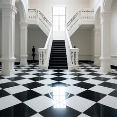 classic interior with columns, photo of white floor tiles