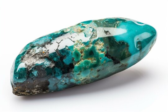Stunning closeup of turquoise chrysocolla from Peru. Uncut crisocola mineral stone isolated on white background. Generative AI