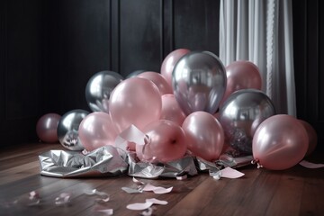 Balloons in silver and pink colors. Generative AI