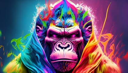 Gorilla and monkeys in rainbow colors	