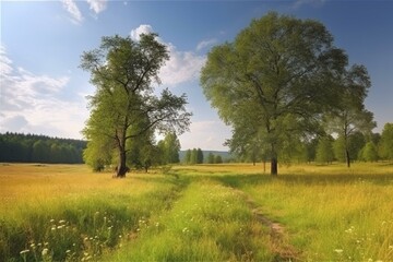 A sunny summer landscape with vibrant trees and meadows. Generative AI