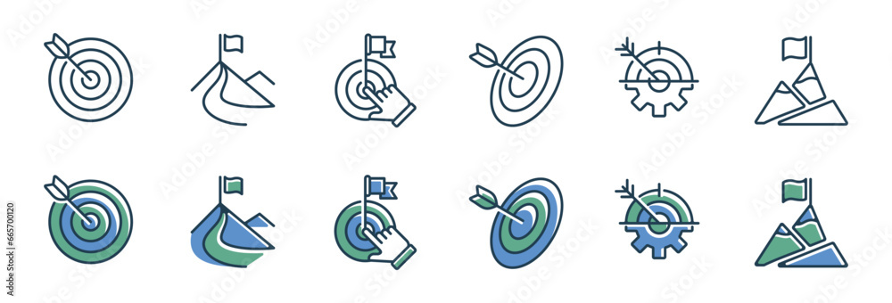 Poster business mountain and arrow target goal icon set competitive objective aim challenge vector illustra