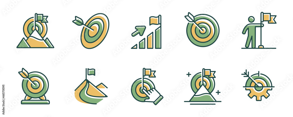 Aufkleber business objective challenge success achievement target mission icon set strategy marketing goal per