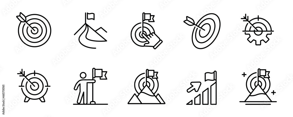 Aufkleber target mission icon set with goal arrow aim and mountain peak vector line illustration. Business challenge objective success performance symbol collection for web and app