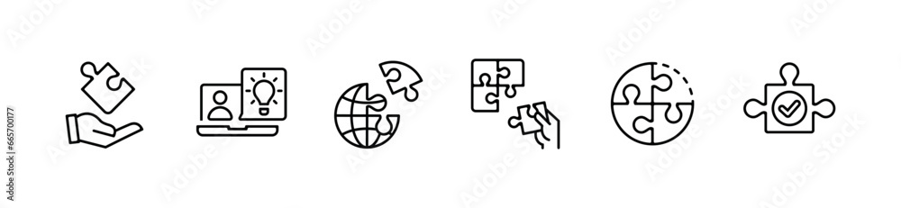 Poster simple collection of jigsaw puzzle piece business teamwork challenge problem solution icon vector mi