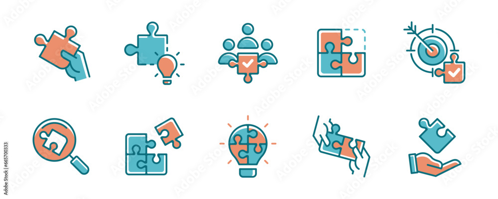 Poster business teamwork solution puzzle challenge icon set problem solving with jigsaw piece creative idea vector symbol illustration