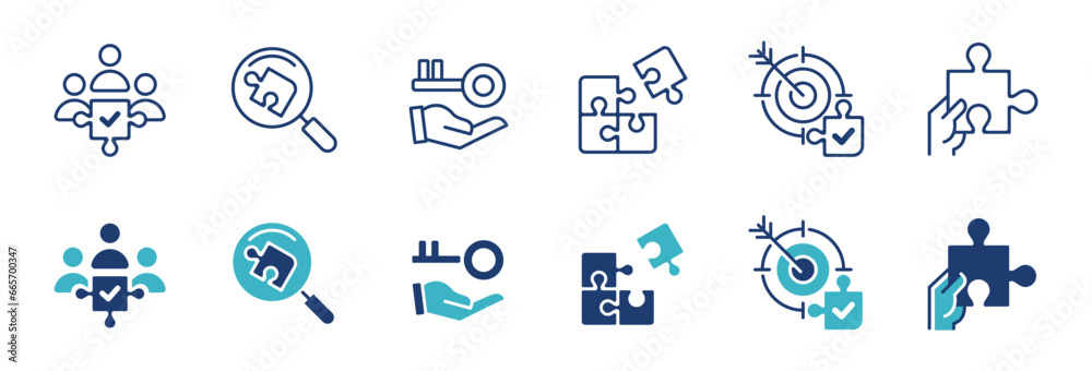 Poster teamwork puzzle solution objective icon set business partnership mission challenge jigsaw match piece vector outline problem solving puzzle symbol illustration