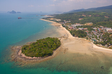 Aerial view blue sea and white long beach at Kwang beach Krabi..scenery white sand beach..Gradient blue sea background. .dramatic nature colorful seascape.