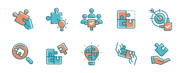 business teamwork solution puzzle challenge icon set problem solving with jigsaw piece creative idea vector symbol illustration - obrazy, fototapety, plakaty