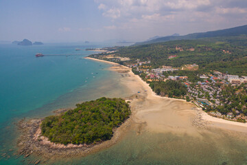 Aerial view blue sea and white long beach at Kwang beach Krabi..scenery white sand beach..Gradient blue sea background. .dramatic nature colorful seascape.