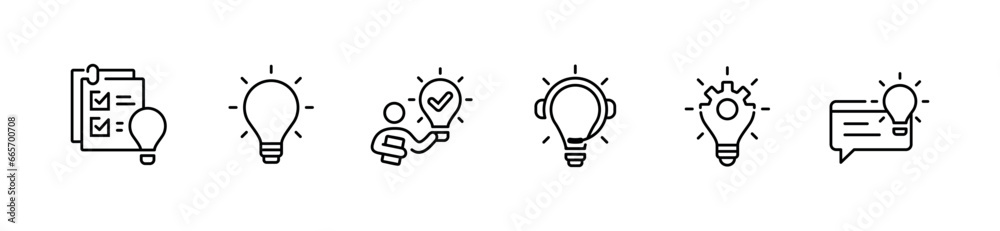 Poster simple creative idea lightbulb inspiration solution innovation thinking icon outline set business problem solving success invention vector illustration for web and app symbol design collection