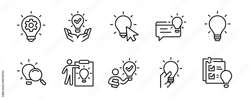 Poster light bulb creative innovation icon set business solution idea thinking problem solving management vector illustrationg in line style for web and app
