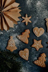 Close up of a homemade Christmas gingerbread cookies. Christmas decorations