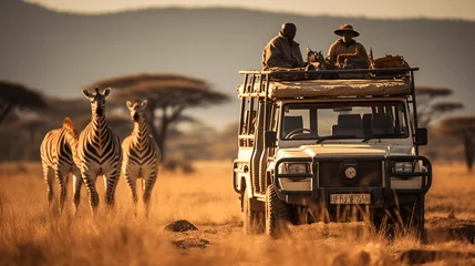 Fototapete African safari jeep with group of zebras in the background © Argun Stock Photos