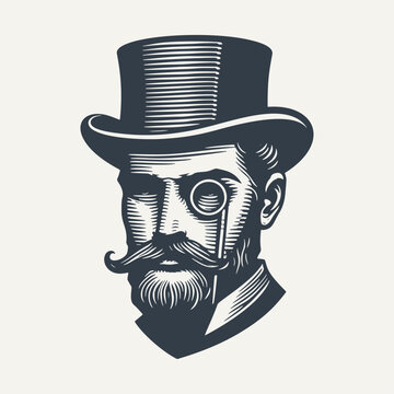 Icon of gentleman with hat and monocle. Vintage woodcut engraving style vector illustration isolated on white.