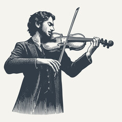 Musicial playing a violin isolated on white. Vintage woodcut engraving style hand drawn vector illustration.