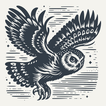 recommend clip art: Owl flying. Vintage woodcut engraving style hand drawn vector illustration.