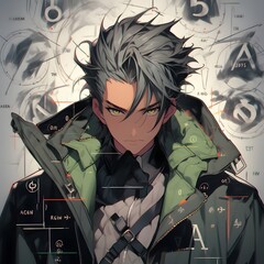 Cute anime guy with blue hair on the background of the night city