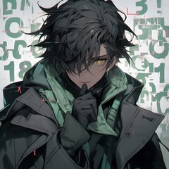 Cute anime guy with blue hair on the background of the night city