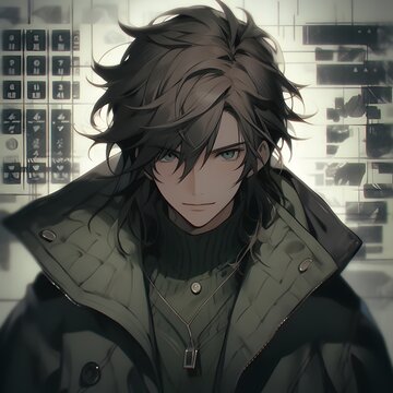 Cute anime guy with blue hair on the background of the night city