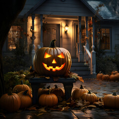 Halloween carved pumpkin with a lantern inside on a small bench in front of a front door, mild crepuscular light