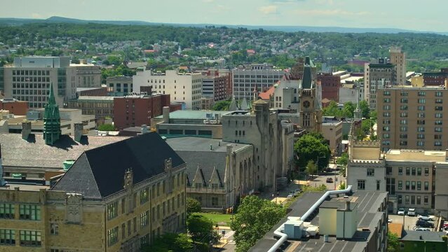 Aerial view of Scranton, the largest city in Northeastern Pennsylvania with old historical architecture. USA panoramic cityscape