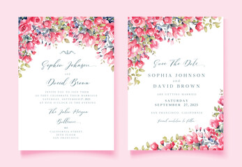 Watercolor Pink Wedding invitation with wild flowers and Save The Date cards, vector template.