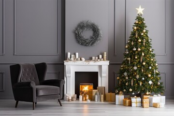 Modern Living Room With Fireplace, Christmas Tree, Gift Boxes And Armchair.