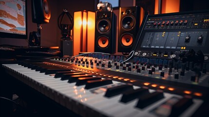 Music studio with wooden desk and monitor speakers, midi keyboards and interfaces 
