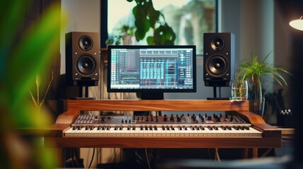Music studio with wooden desk and monitor speakers, midi keyboards and interfaces 
