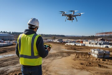 man flying a drone on a construction site