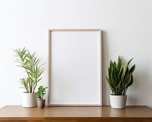 Blank white a wooden frame mockup hanging on the wall. Minimalist style. Mockup template. Generative AI