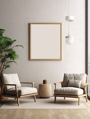 Blank white a wooden frame mockup hanging on the wall. Minimalist style. Mockup template. Generative AI