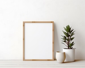 Blank white a wooden frame mockup hanging on the wall. Minimalist style. Mockup template. Generative AI