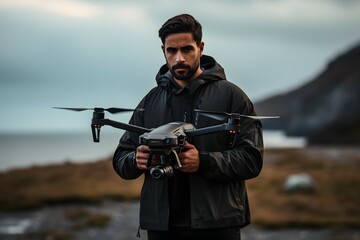 man holding a drone on mountain