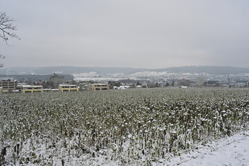 Town Schlieren and Limmatt valley in Switzerland in winter. There is a snow covered field on the...