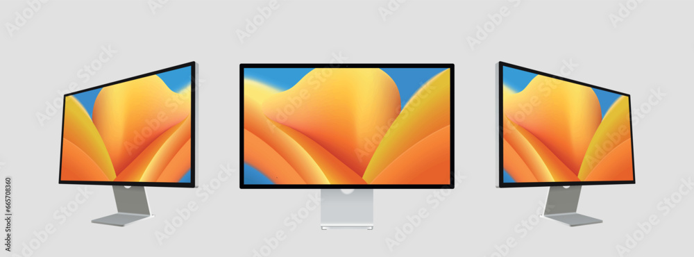 Leinwandbilder Professional monitor mock up with blank white screen isolated. Realistic Pc monitor different angles views. UI, UX Template for infographics or presentation 3D realistic graphics monitor. Vector