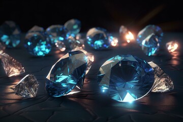 Glowing diamonds on a dark blue backdrop with precious jewelry stones. The facets of these diamonds shine on this 3D rendered image. Generative AI