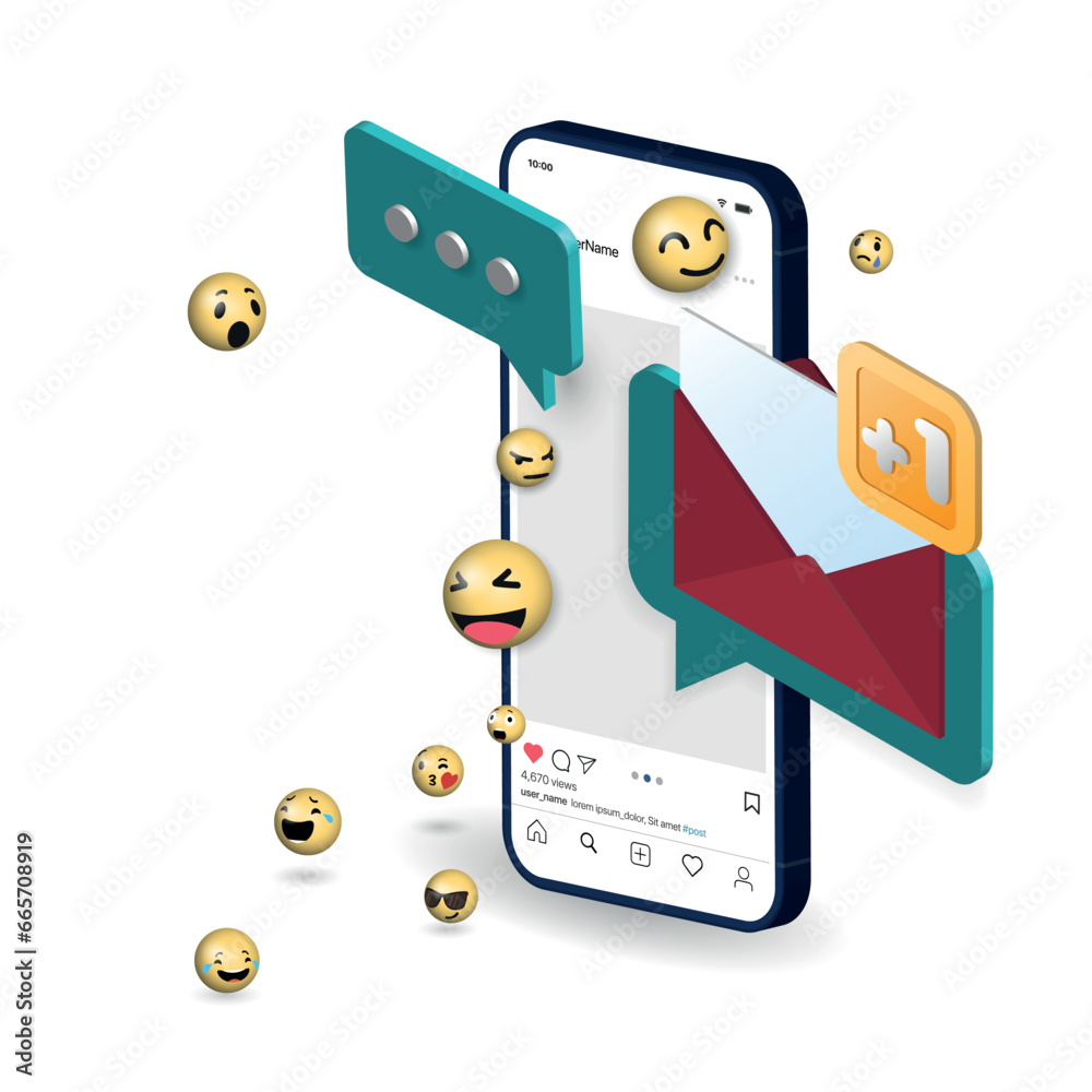 Poster Blank Social network post surrounded with floating elements on blue background. Social network post surrounded with floating elements